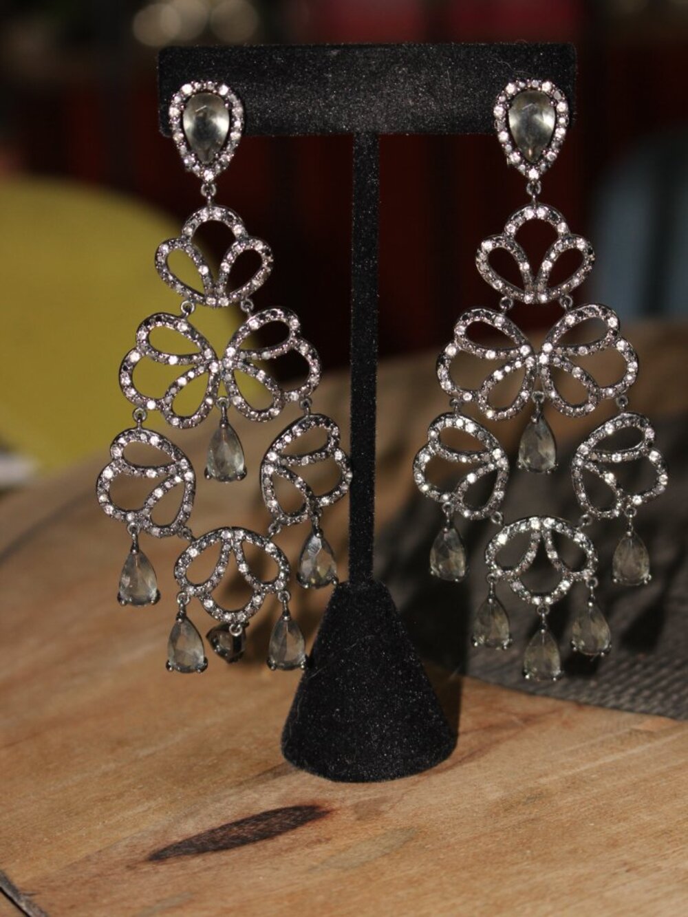 Filigree Rhinestone & Crystal Chandelier Earrings Gunmetal 4" Long Pierced